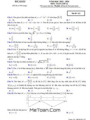 Đề thi học kì 1 Toán 12 năm 2023 - 2024 sở GD&ĐT Bắc Giang (có đáp án)