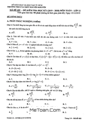 Đề thi HK1 Toán 12 năm 2019 - 2020 trường Nguyễn Khuyến - TP HCM