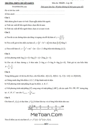 Đề thi công bằng Toán 12 lần 1 năm 2022 – 2023 trường chuyên KHTN – Hà Nội