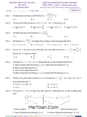 Đề kiểm tra định kỳ Toán 12 năm học 2018 - 2019 trường THPT Nguyễn Huệ - TT. Huế