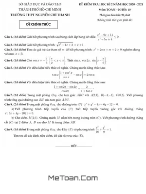 Đề thi HK2 Toán 10 năm 2020 - 2021 trường THPT Nguyễn Chí Thanh - TP HCM
