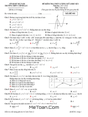 Đề Kiểm Tra Chất Lượng Giữa Kỳ I Môn Toán 12 Năm 2017 - 2018 Trường THPT C Bình Lục - Hà Nam (Có Đáp Án)