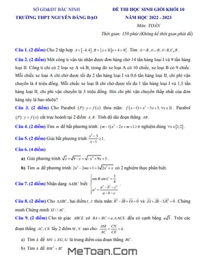 Đề thi học sinh giỏi Toán 10 năm 2022 - 2023 trường Nguyễn Đăng Đạo - Bắc Ninh