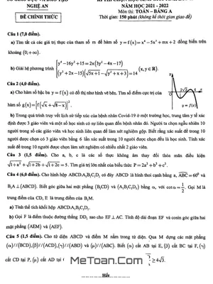 Đề thi chọn học sinh giỏi tỉnh Toán 12 năm 2021 - 2022 sở GD&ĐT Nghệ An