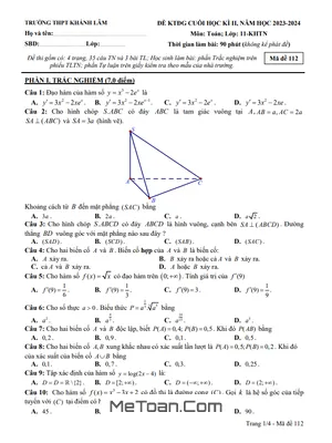 Đề thi cuối kì 2 Toán 11 năm 2023 - 2024 trường THPT Khánh Lâm - Cà Mau