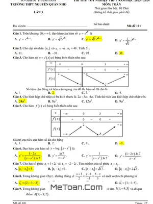 Đề thi thử Toán TN THPT 2024 lần 3 trường THPT Nguyễn Quán Nho – Thanh Hóa