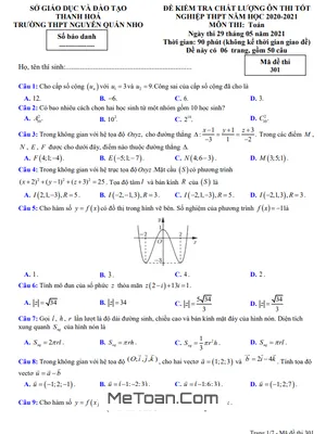 Đề ôn thi TN THPT 2021 môn Toán trường THPT Nguyễn Quán Nho – Thanh Hóa