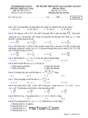 Đề thi thử Toán THPT Quốc gia năm 2018 - 2019 trường Lục Nam - Bắc Giang lần 1