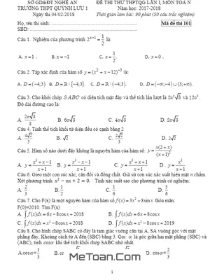 Đề thi thử THPTQG môn Toán năm 2017 - 2018 lần 1 trường Quỳnh Lưu 1 - Nghệ An