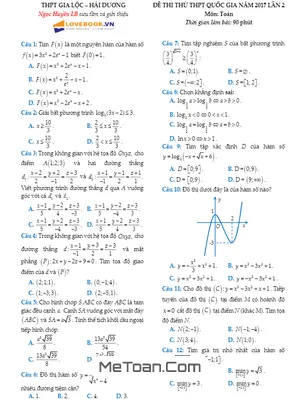 Đề thi thử THPT Quốc gia 2017 môn Toán trường THPT Gia Lộc - Hải Dương lần 2 có đáp án
