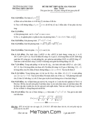 Đề thi thử THPT Quốc gia 2015 môn Toán trường chuyên Đại học Vinh lần 4 - Có đáp án