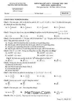 Đề Minh Họa Giữa Kỳ 1 Toán 10 Năm 2023 - 2024 Trường THPT Hướng Hóa - Quảng Trị