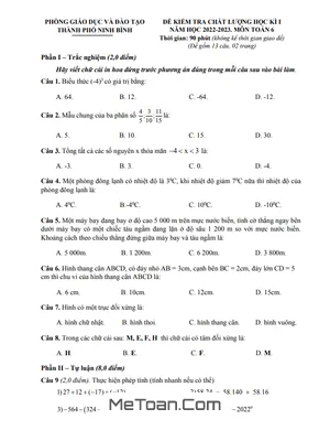 Đề thi học kì 1 Toán lớp 6 năm 2022 - 2023 phòng GD&ĐT thành phố Ninh Bình