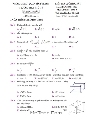 Đề tham khảo Toán 7 cuối kỳ 1 năm 2022 - 2023 trường THCS Phú Mỹ - TP.HCM