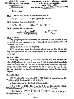 Đề thi học kỳ 1 Toán 8 năm 2020 - 2021 phòng GD&ĐT Thủ Đức - TP HCM