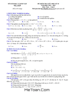 Đề kiểm tra giữa học kỳ 2 Toán 8 năm 2021 - 2022 sở GD&ĐT Bắc Ninh