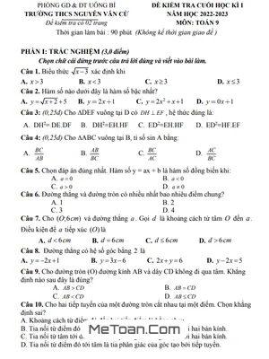 Đề thi học kì 1 Toán lớp 9 năm 2022 - 2023 trường THCS Nguyễn Văn Cừ - Quảng Ninh