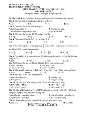 Đề Thi Giữa Kỳ 2 Môn Toán Lớp 7 Năm 2021-2022 Trường THCS Hoàng Văn Thụ - Quảng Nam