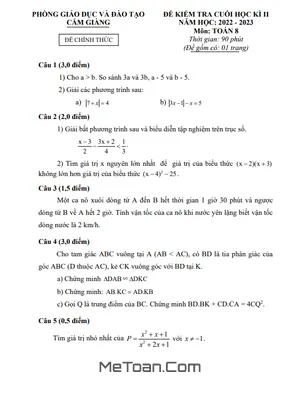 Đề thi học kì 2 Toán 8 năm 2022 - 2023 phòng GD&ĐT Cẩm Giàng - Hải Dương
