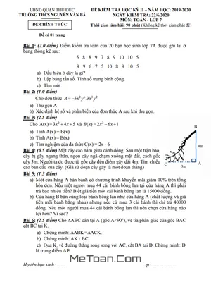 Đề thi HK2 Toán 7 năm 2019 - 2020 trường THCS Nguyễn Văn Bá - TP HCM (Có đáp án)