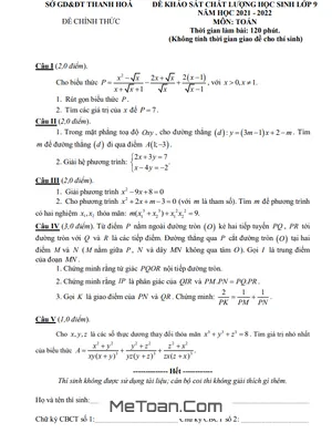 Đề khảo sát chất lượng Toán 9 năm 2021 - 2022 Sở GD&ĐT Thanh Hóa
