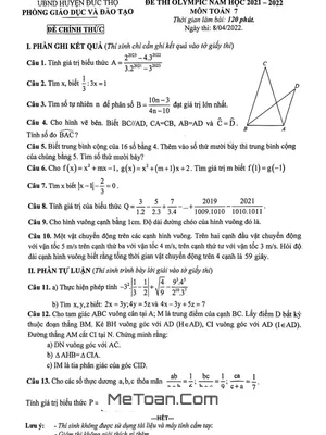 Đề thi Olympic Toán 7 năm 2021 - 2022 phòng GD&ĐT Đức Thọ - Hà Tĩnh