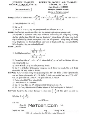 Đề thi học kỳ 2 Toán 9 năm 2017 - 2018 phòng GD&ĐT Hoàn Kiếm - Hà Nội