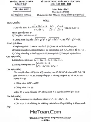 Đề Olympic Toán 9 Lần 1 Năm Học 2023 - 2024 Trường THPT Chuyên Lê Quý Đôn - Điện Biên