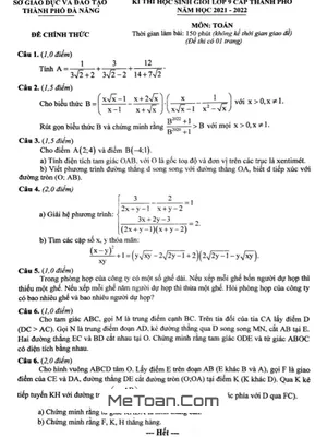 Đề thi học sinh giỏi Toán 9 năm 2021 - 2022 Sở GD&ĐT thành phố Đà Nẵng