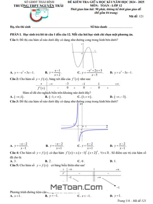 Đề giữa học kì 1 Toán 12 năm 2024 - 2025 trường THPT Nguyễn Trãi - Thái Bình