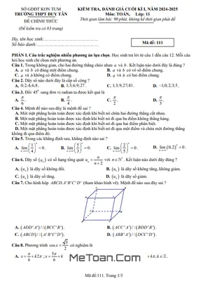 Đề thi học kì 1 Toán 11 năm 2024 - 2025 trường THPT Duy Tân - Kon Tum