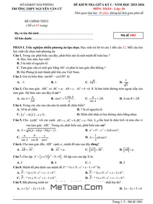 Tải Đề Thi Giữa Kỳ 1 Toán 10 Năm 2025 - 2026 Trường THPT Nguyễn Văn Cừ (Hải Phòng) Kèm Đáp Án Chi Tiết