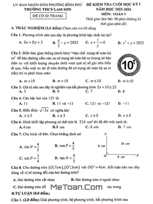 Đề thi cuối học kỳ 1 Toán 9 năm 2025 - 2026 trường THCS Lam Sơn - TP.HCM