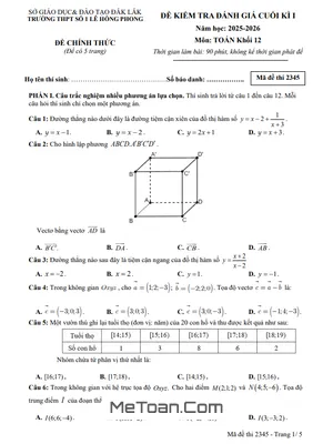 Đề thi cuối kì 1 Toán 12 năm học 2025 – 2026 trường THPT Lê Hồng Phong 1 – Đắk Lắk