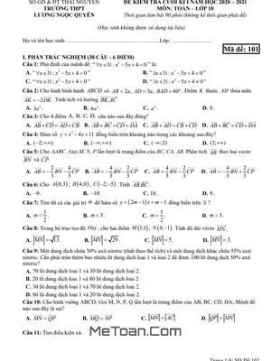 Đề thi HK1 Toán 10 năm 2020 - 2021 trường Lương Ngọc Quyến - Thái Nguyên