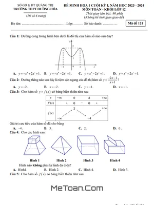 Đề Minh Họa Cuối Kì 1 Toán 12 Năm 2023 - 2024 Trường THPT Hướng Hóa - Quảng Trị