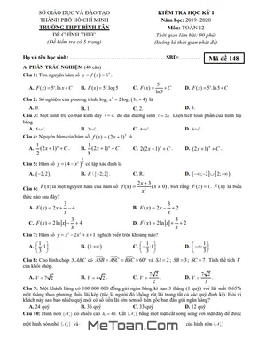 Đề kiểm tra học kỳ 1 Toán 12 năm 2019 - 2020 trường THPT Bình Tân - TP HCM