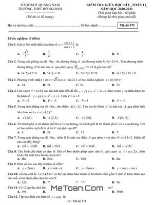 Đề thi giữa HK1 Toán 11 năm 2020 - 2021 trường THPT Hồ Nghinh - Quảng Nam