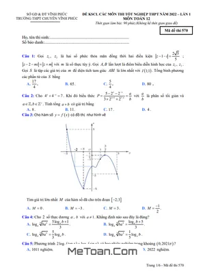 Đề KSCL Toán 12 Lần 1 Năm 2022 Trường THPT Chuyên Vĩnh Phúc