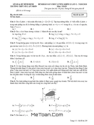 Đề KSCL Toán 12 năm 2018 trường THPT số 2 An Nhơn – Bình Định lần 2 mã đề 209