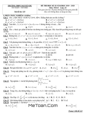 Đề thi học kỳ 2 Toán 10 năm 2019 - 2020 trường THPT Nguyễn Du - Lâm Đồng