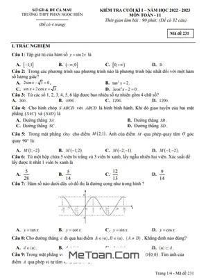 Đề thi học kì 1 Toán 11 năm 2022 – 2023 trường THPT Phan Ngọc Hiển – Cà Mau