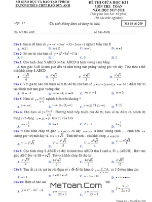 Đề thi giữa HK1 môn Toán 12 năm học 2017 - 2018 trường THCS - THPT Đào Duy Anh - TP. HCM