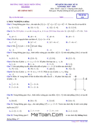 Đề thi học kì 2 môn Toán lớp 12 năm 2019 - 2020 trường THPT Trần Nhân Tông - TP. HCM (có lời giải)