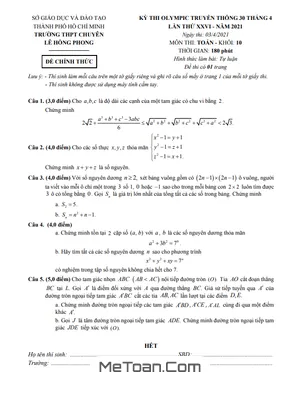 Đề thi Olympic 30/4 Toán 10 năm 2021 trường chuyên Lê Hồng Phong - TP.HCM