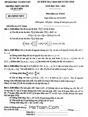 Đề Chọn Đội Tuyển Tỉnh Môn Toán Năm 2021 - 2022 Trường Chuyên Lê Quý Đôn - Khánh Hòa