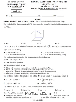Đề Thi Cuối Kì 2 Toán 11 Năm 2023 - 2024 Trường Chuyên Nguyễn Tất Thành - Kon Tum