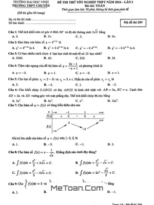 Đề thi thử Toán TN THPT 2024 lần 1 trường THPT chuyên ĐH Vinh - Nghệ An