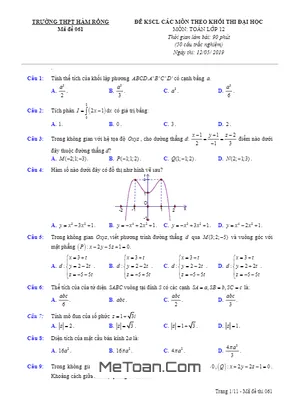 Đề KSCL môn Toán thi ĐH 2019 trường THPT Hàm Rồng – Thanh Hóa lần 3