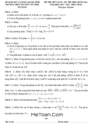 Đề thi thử THPT Quốc gia 2016 môn Toán trường Nguyễn Văn Trỗi – Hà Tĩnh lần 2